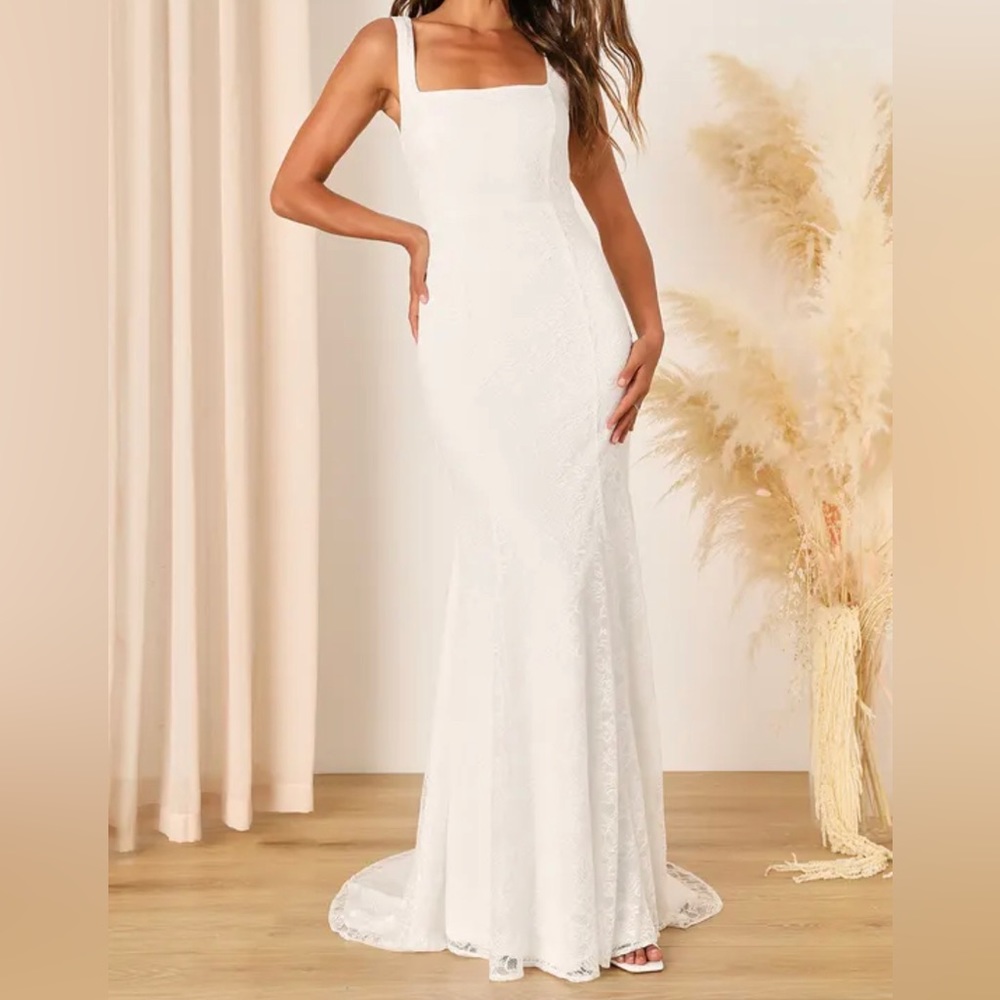 Lulu’s Eternal Happiness White Lace Square Neck Mermaid Maxi Dress